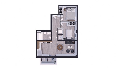 Pet-Friendly Apartments In Miami Beach, FL – The Anamar at Collins Park – 3D Floorplan of our 2 Bedroom, 1 Bathroom 695 Sq. Ft. Apartment
